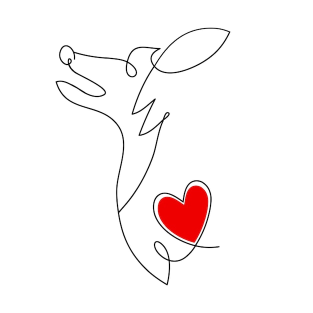 Vector dog with a heart continuous line drawing of cute dog