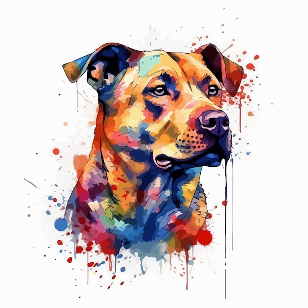 A dog with a painted face is shown with a red, blue, and orange background.