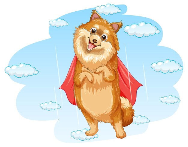 Vector dog with red cape flying in the sky