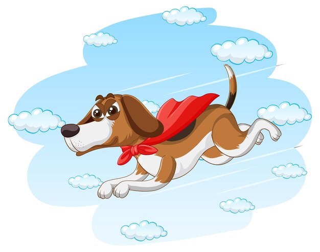 Vector dog with red cape flying in the sky