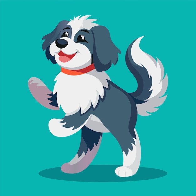 a dog with a red collar is standing in front of a blue background