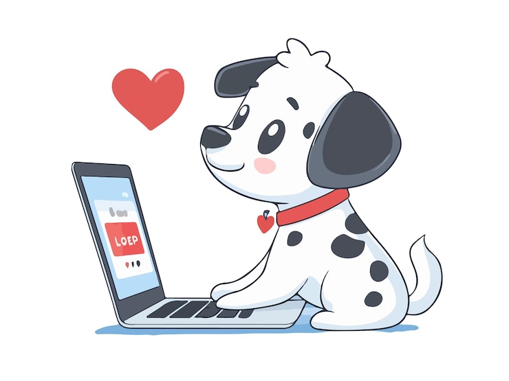 Vector a dog with a red heart on his collar is looking at a laptop screen