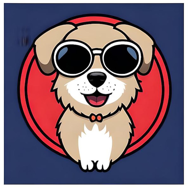 A dog with sunglasses on and a red circle in the background