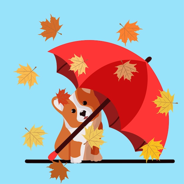 Вектор Собака с зонтиком и осенними листьями