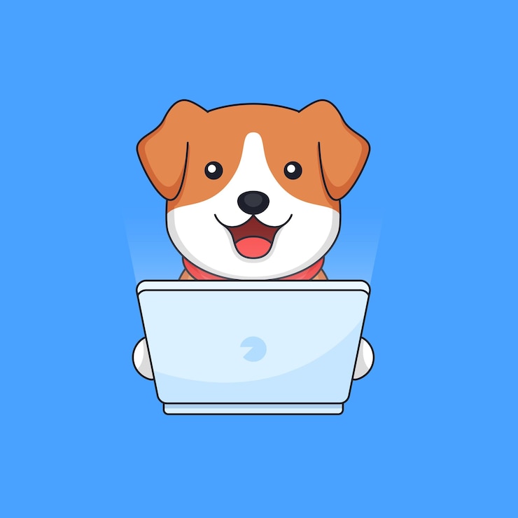 Vector dog working on computer laptop animal employee  outline illustration mascot