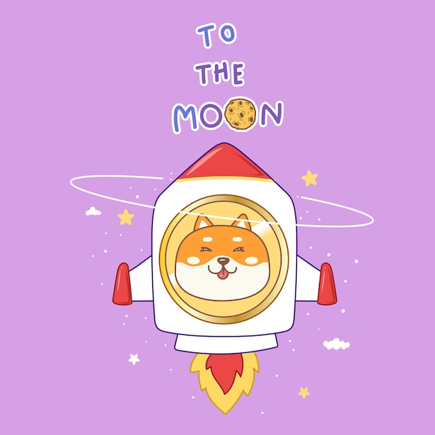 Doge coin cartoon shiba inu in the rocket in galaxy with stars to the moon