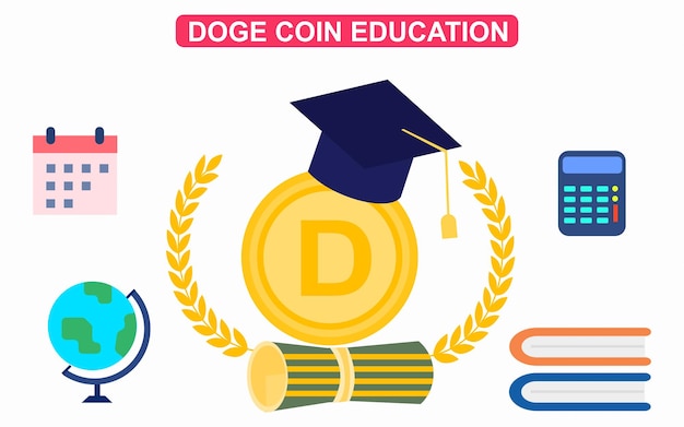 ドージコイン暗号通貨教育コンセプトドージコインと帽子トーガイラスト