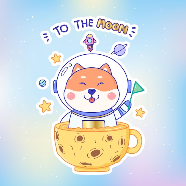 Doge coin to the moon shiba inu holding green flag in the galaxy with stars