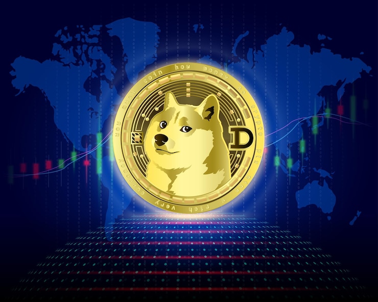Vector dogecoin doge cryptocurrency blockchain digital currency alternative with growth share chart.