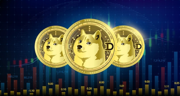 Dogecoin DOGE 금화 Cryptocurrency 블록 체인 미래 기술 성장 점유율 차트는 배경입니다