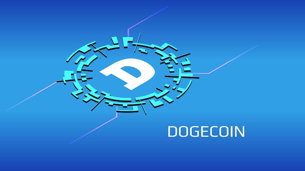 Dogecoin DOGE isometrisch token symbool in digitale cirkel op blauwe achtergrond Cryptocurrency pictogram voor banner of nieuws vectorillustratie