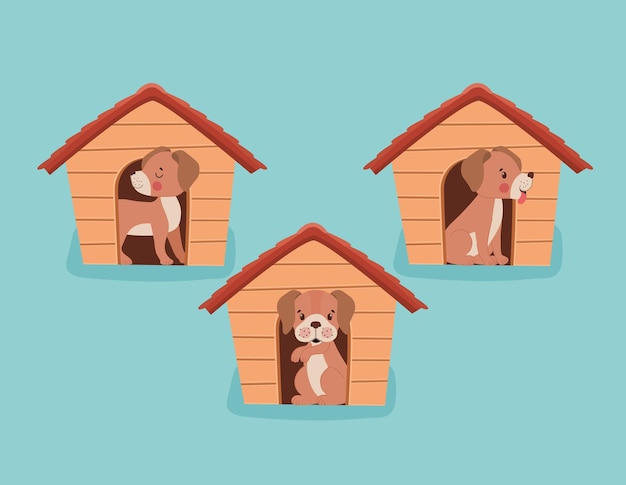 Vector doghouses with puppies