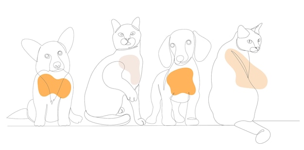 1つの連続線スケッチ分離ベクトルで描く犬と猫