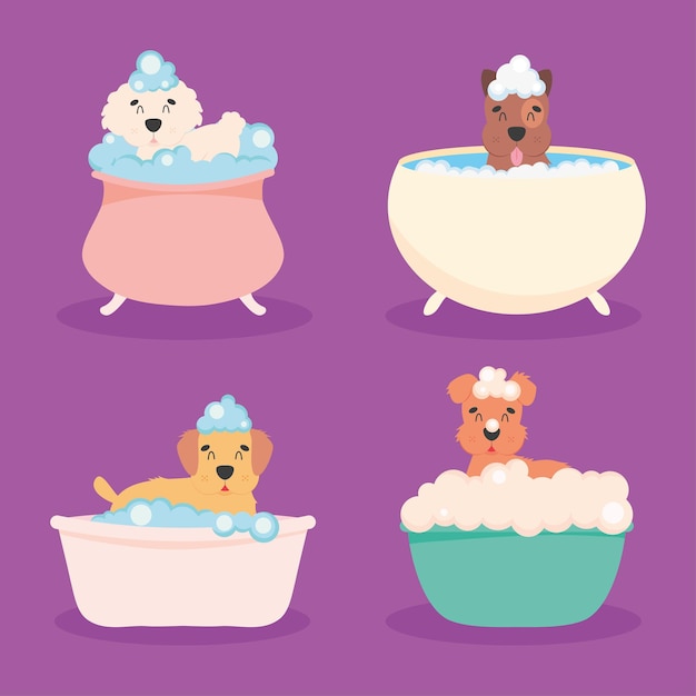 Dogs in bathtubs icon set