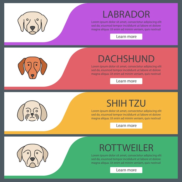 Vector dogs breeds web banner templates set. website color menu items. labrador, dachshund, shih tzu, rottweiler. vector headers design concepts