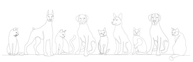 Dogs and cats drawing in one continuous line vector