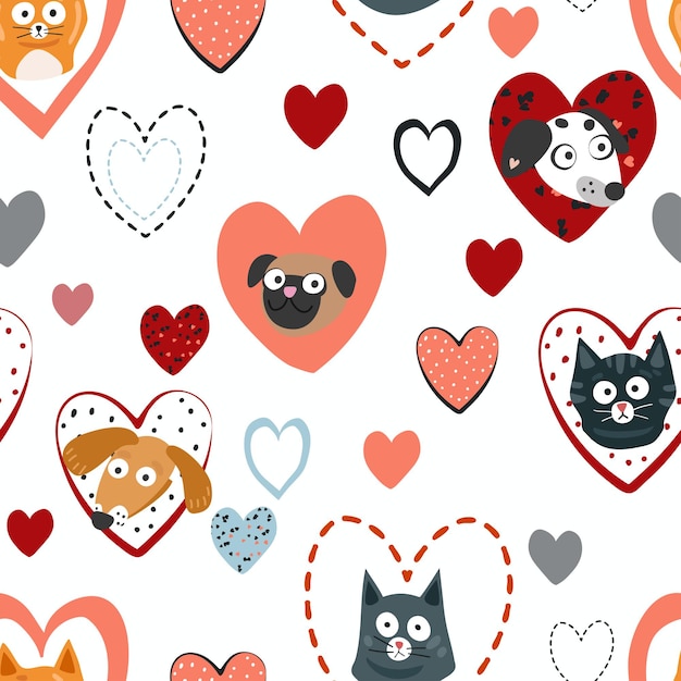 Dogs and cats in hearts seamless pattern vector illustration