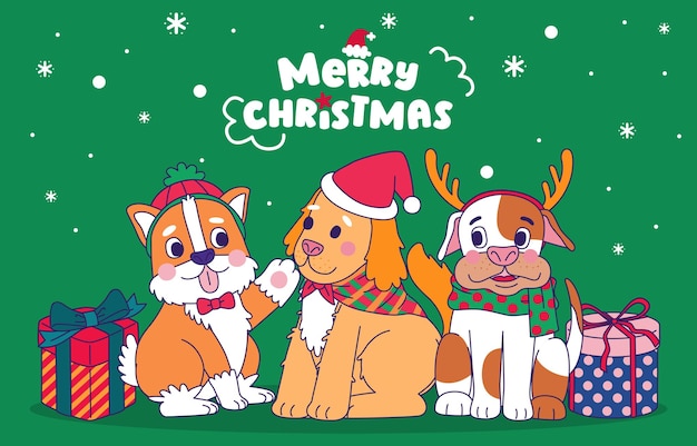 Dogs in christmas costumes with gift boxes vector illustration cartoon