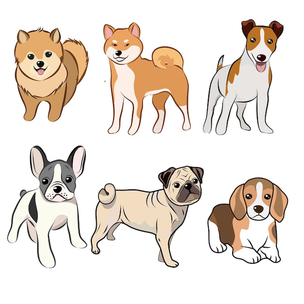 Collezione di cani illustrazione vettoriale di cartoni animati divertenti cani di razze diverse in stile piatto alla moda