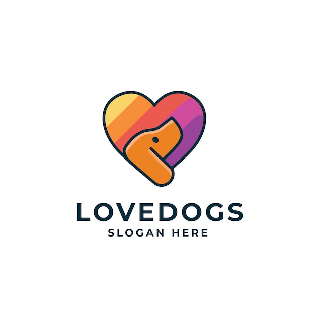 Dogs cute animal mascot character logo with rainbow heart love background