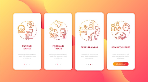 Servizi di campo diurno per cani onboarding schermata della pagina dell'app mobile con concetti.