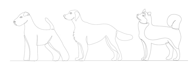 Cani che disegnano in un vettore isolato di schizzo di linea continua