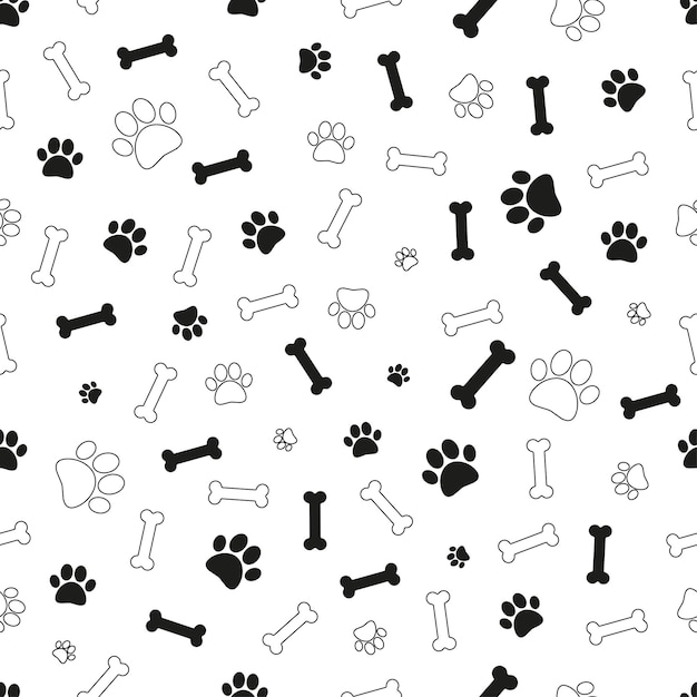 Vettore motivo cani in stile doodle con ossa e zampe su sfondo bianco illustrazione vettoriale doodle simpatico motivo senza cuciture