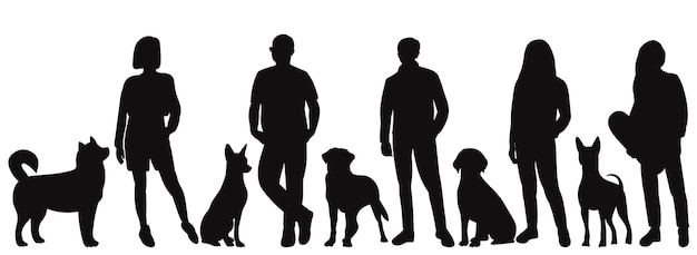 Cani e persone silhouette su sfondo bianco vettore isolato