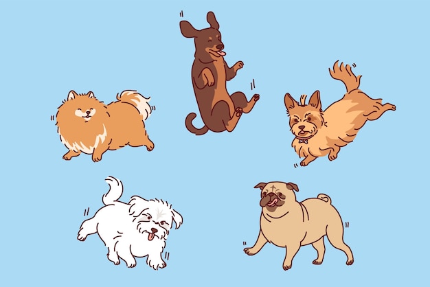 Vector dogs and puppies of different breeds fly in air with various emotions for concept veterinary clinic