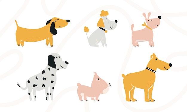 Cani impostati. animali domestici carini, da cartone animato e stilizzati. clip-art originale per la progettazione di prodotti per l'infanzia. illustrazione vettoriale, scarabocchio