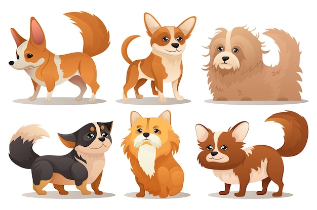 Собачий набор Плоский и мультфильмный набор дизайнерских собак и щенков на белом фоне