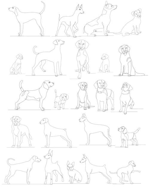 Vector dogs set one line drawing