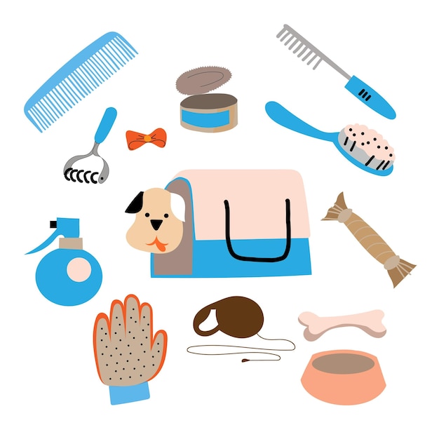 Dogs and some grooming tools and accessory vector illustration made by hand in doodle style