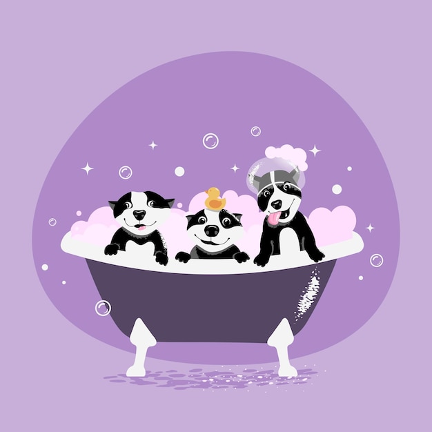 Vector dogs taking a bath, grooming illustration