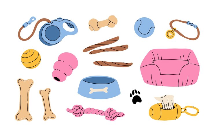 Dogs toys cartoon set Pets supplies playing accessories for puppy Canine knotted rope ball collar chewing items squeaky ball bowl Flat vector illustrations isolated on white background