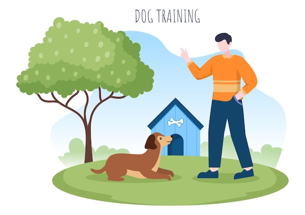 Vettore centro di addestramento per cani al parco giochi con istruttore che insegna agli animali domestici per trucchi e abilità nell'illustrazione