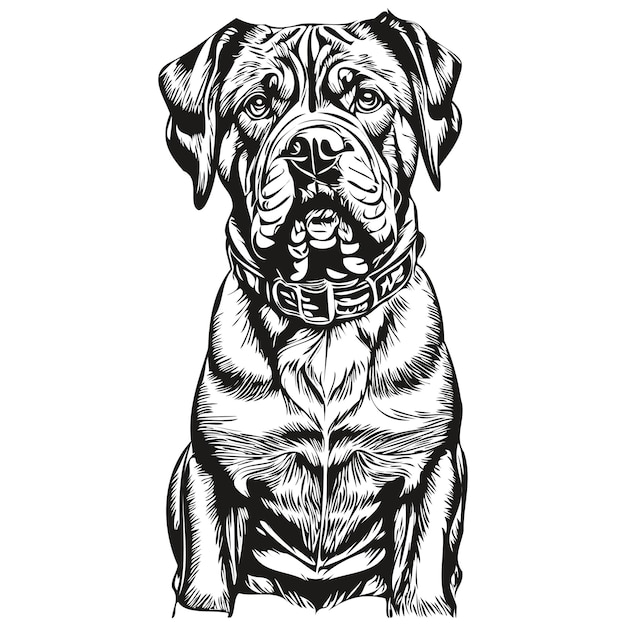 Dogue de Bordeaux 개 만화 얼굴 잉크 초상화 흑백 스케치 드로잉 티셔츠 인쇄 스케치 드로잉