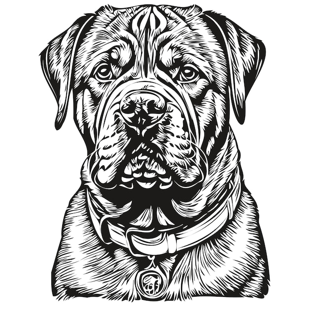 Dogue de Bordeaux dog outline pencil drawing artwork black character on white background realistic breed pet