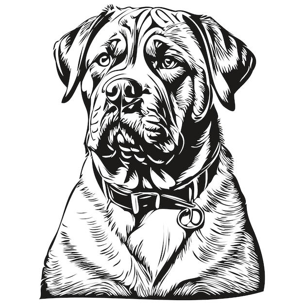 Dogue de Bordeaux dog realistic pet illustration hand drawing face black and white vector realistic breed pet