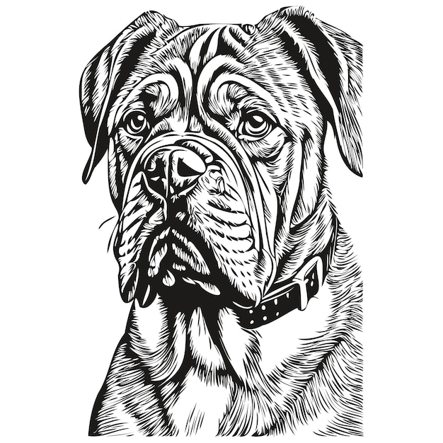 Dogue de Bordeaux hond zwarte tekening vector geïsoleerde schminken schets lijn illustratie realistisch ras huisdier