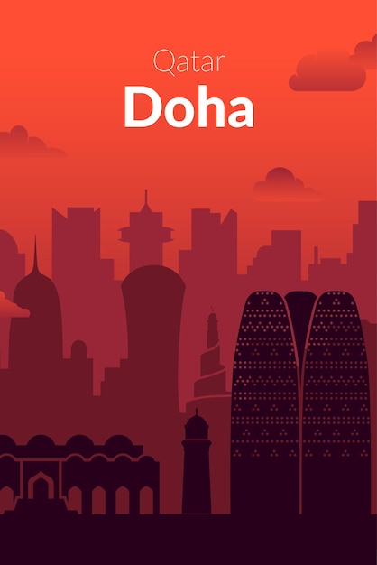 ドーハ、カタールの有名な街のサンセットビューポスター