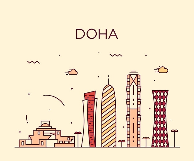 Doha skyline, detailed silhouette. Trendy vector illustration, linear style.