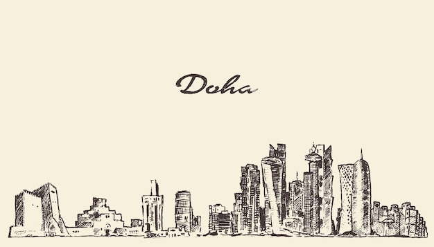 Illustrazione d'epoca incisa dello skyline di doha, disegnata a mano, schizzo