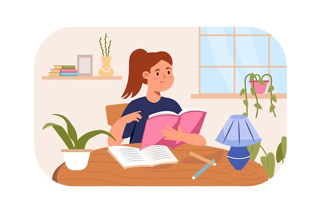 Vector doing homework kids concept with people scene in the cartoon design little girl is reading a book