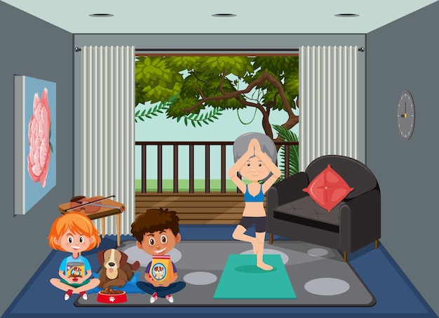 Doing yoga at home cartoon concept