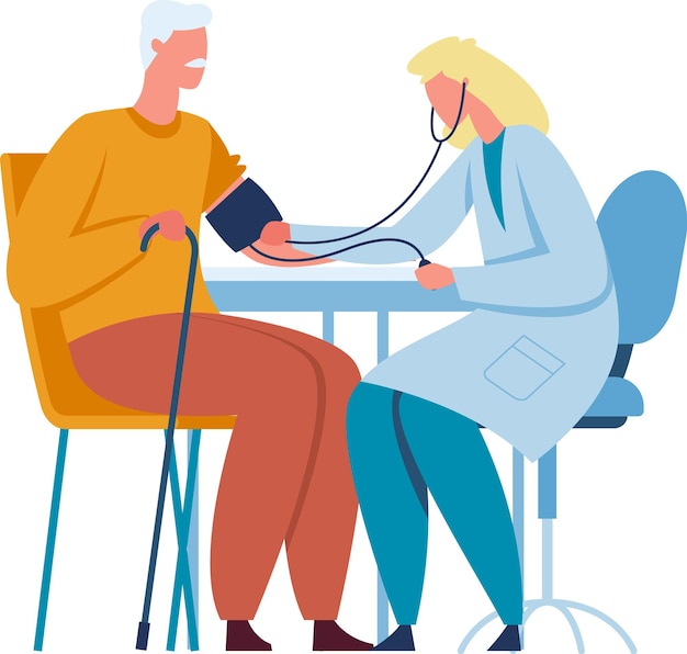 Dokter die sphygmomanometer gebruikt om de bloeddruk te controleren van een oudere man die met een wandelstok zit tijdens een medisch onderzoek in een ziekenhuis of kliniek
