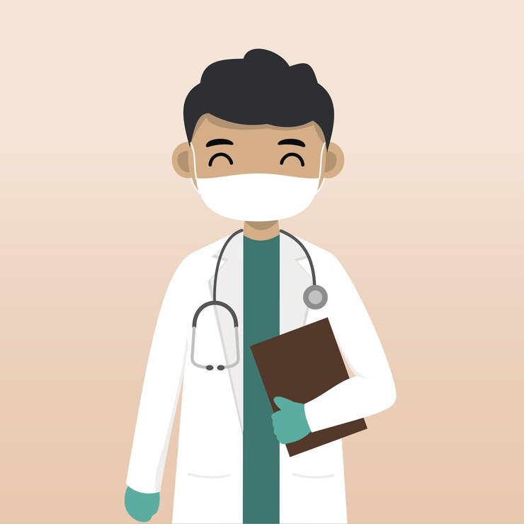Vector dokter in gezichtsmasker en medische set met de hand getekend stripfiguur