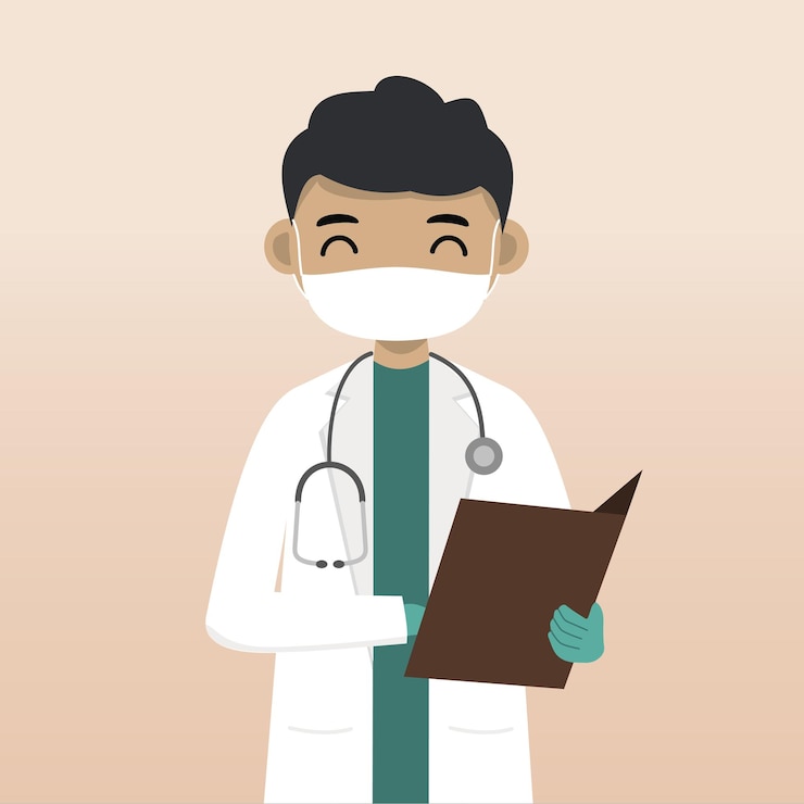 Vector dokter in gezichtsmasker en medische set met de hand getekend stripfiguur