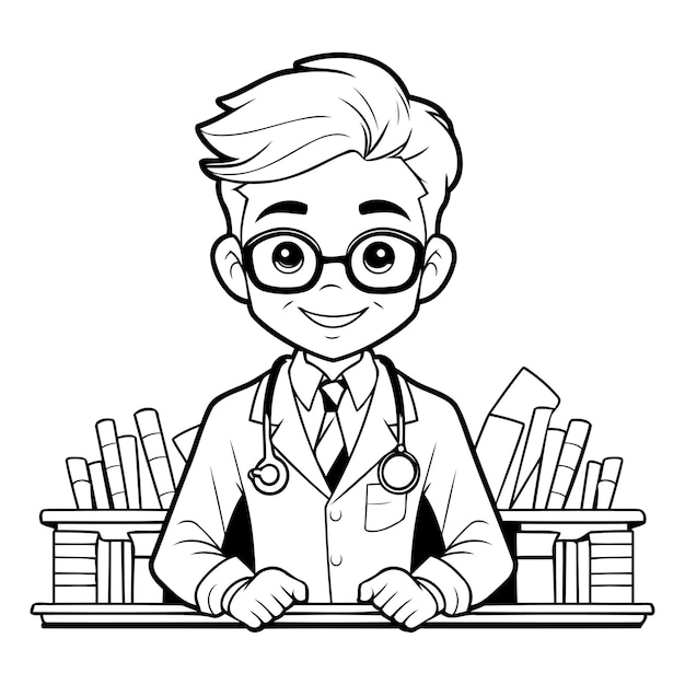 Dokter met stethoscoop en boeken cartoon icoon vector illustratie grafisch ontwerp