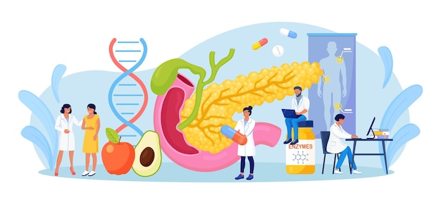 Dokter onderzoekt patiënt, behandelt pancreatitis. gastro-enteroloog diagnosticeert alvleesklierontsteking. dieet en enzymen voor de behandeling van ziekten van het spijsverteringsstelsel. inwendige organen kanker